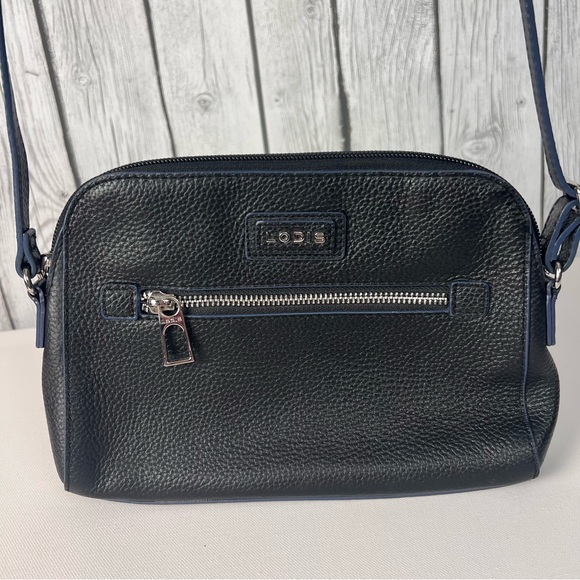 LODIS Black Pebbled Leather Charlotte Crossbody Bag with Blue Trim - Picture 3 of 14